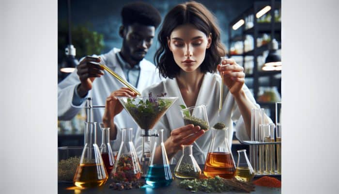 A scientist pouring herbal oil into a separation funnel in a lab, surrounded by beakers, test tubes, herbs, and solvents.
