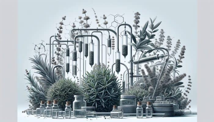 Illustration of rosemary and thyme undergoing solvent extraction, capturing their aromatic oils in vials.