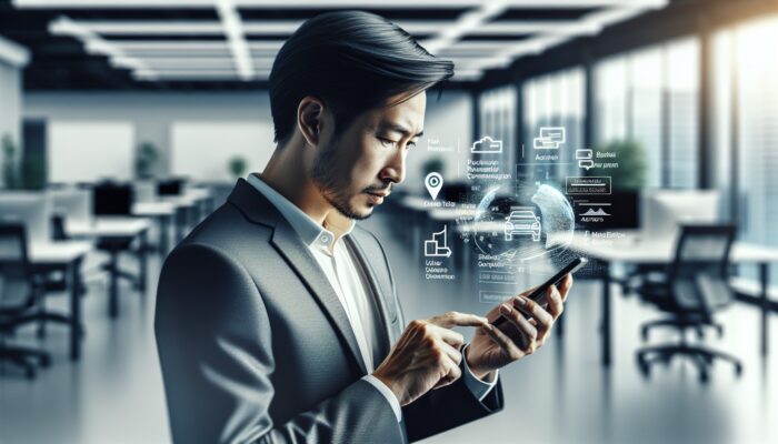 A person using a smartphone to email a rental company about a car issue in a modern office.