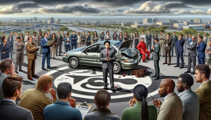 A person in a parking lot noting witness statements about a damaged rental car, with timestamps, under a cloudy sky.