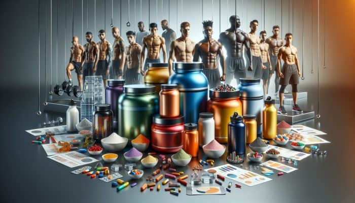 Array of performance-enhancing supplements on a modern table, athletes training in background.