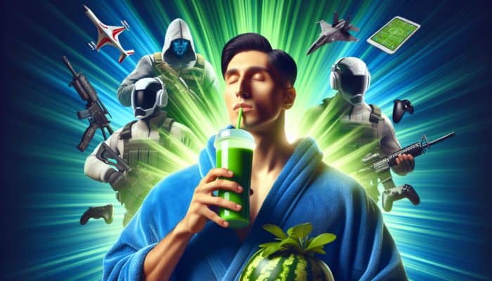 An esports athlete drinking a green protein shake amidst gaming gear, with calming blue and green background.