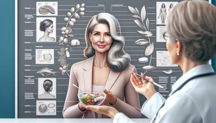 A woman managing aging hair with gentle products and a nutritious diet, consulting a dermatologist.