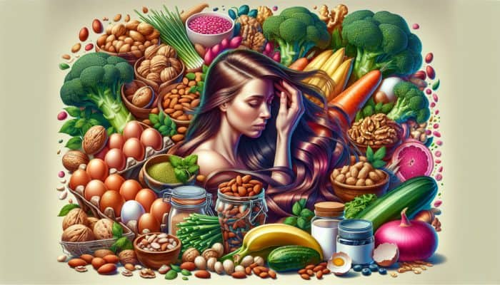 Illustration of eggs, nuts, and leafy greens promoting hair growth and scalp health.