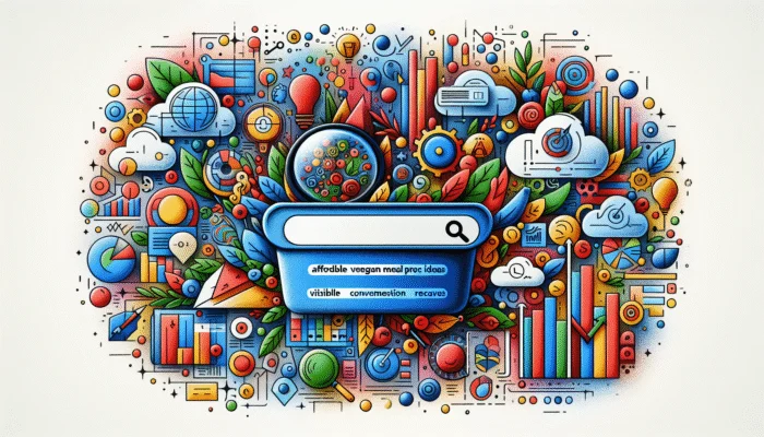 A digital illustration of a search bar with long-tail keywords, surrounded by audience icons and graphs showing increased visibility and conversion rates.