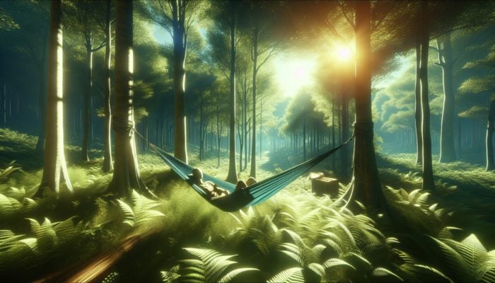 Person sleeping in a nylon hammock between trees in a lush forest with soft sunlight.