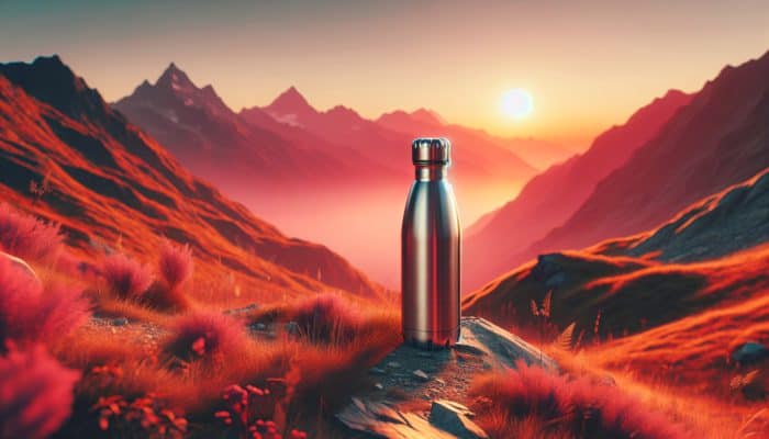 Rugged stainless steel water bottle with UV sterilization, against a sunset mountain trail.