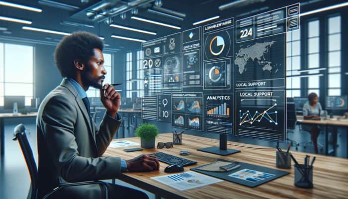 A South African entrepreneur analyzing affordable newsletter platforms with a budget chart in a modern office.