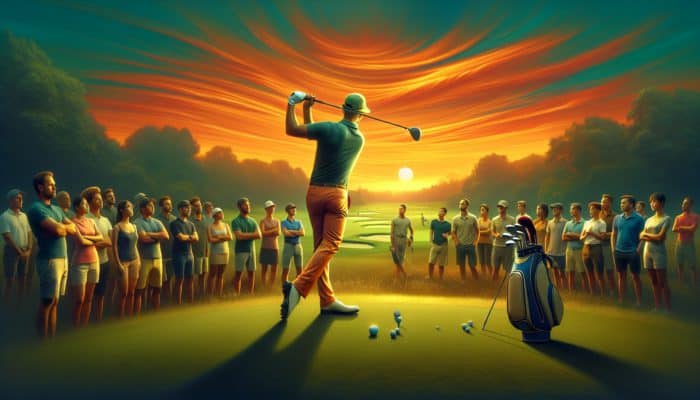 South African golf pro giving swing tips at sunset on a lush course, students watching eagerly.