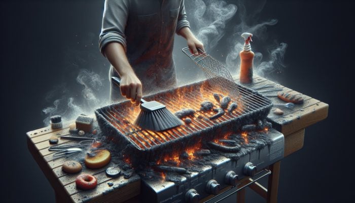 Person cleaning a warm barbecue grill with a brush to remove food and grease, preventing rust.