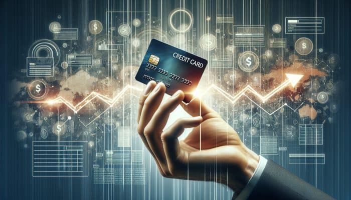 Hand holding new credit card, graph showing initial dip then rise, financial documents in background.