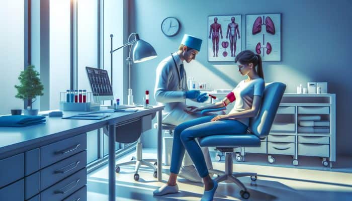 A calm patient receiving a quick ferritin blood test in a serene Coatbridge clinic, guided by a professional.
