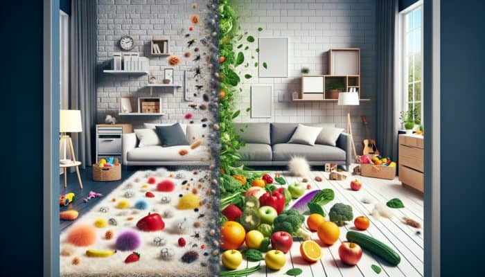 UK urban home with allergens like dust mites and pet dander, contrasted with fresh fruits and vegetables.