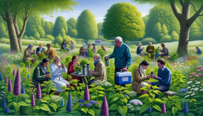 UK park scene with nettle plants and people enjoying allergy-relieving nettle tea.
