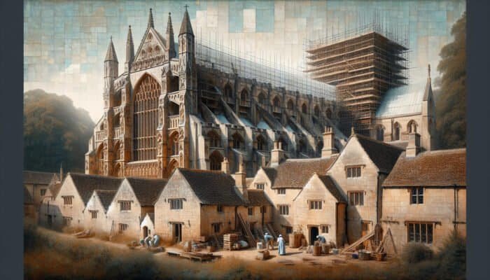 Detailed view of Westminster Abbey and Cotswold cottages, showing textured limestone facades and restorers at work.