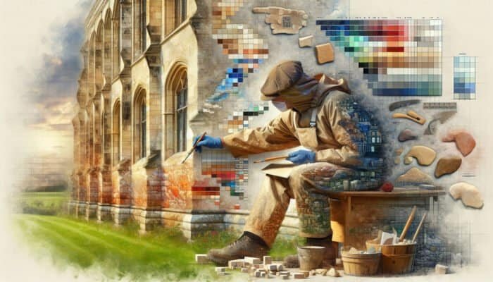 A UK restorer using local limestone varieties on a historic building, showcasing the importance of regional expertise.