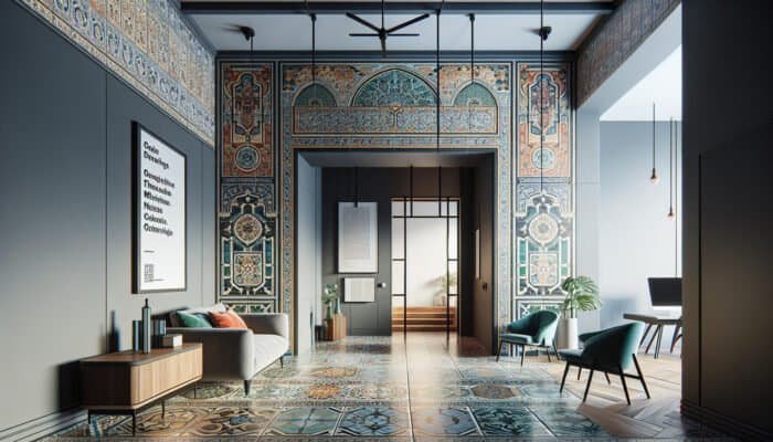 A contemporary living room featuring a Victorian tiled hallway, harmoniously blending historical and modern designs.