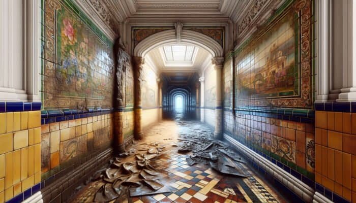 Victorian tiled hallway restoration, deep cleaning process with specialised solutions, revealing original colours and patterns.