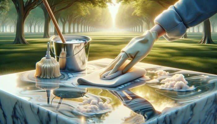 A soft cloth dusting a marble surface in Cottenham Park, followed by cleaning with pH-neutral soap and water.