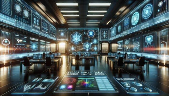 A futuristic control room with holographic displays illustrating secure data flows and CRM analytics, surrounded by advanced cybersecurity measures and encryption symbols.