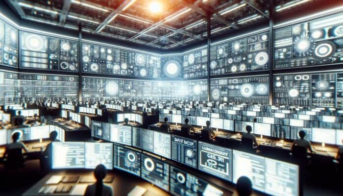 High-tech control room with screens depicting backup and recovery processes during a retail store system failure.