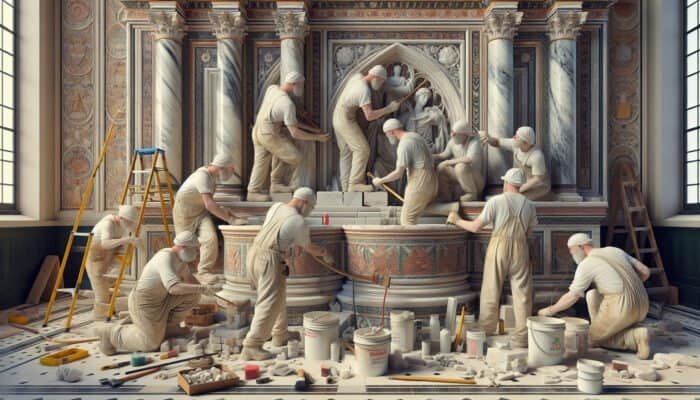 Restoration experts using traditional techniques to restore a historic UK building, preserving its authenticity and historical context.