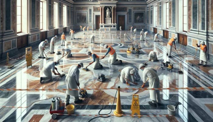 Thorough cleaning and honing of historic marble floors at Buckingham Palace, seamlessly blending traditional and modern techniques.