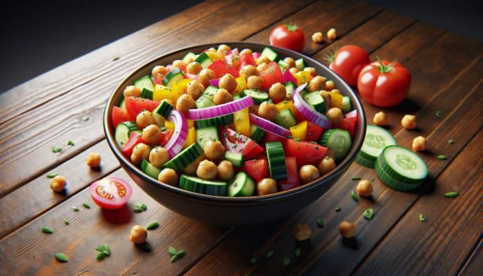 A vibrant chickpea salad with diced vegetables and lemon herb vinaigrette on a rustic wooden table.