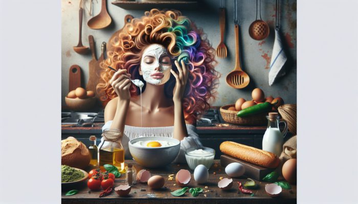 Person applying egg and yogurt hair mask, surrounded by ingredients on rustic table, blending Italian and Indian styles.