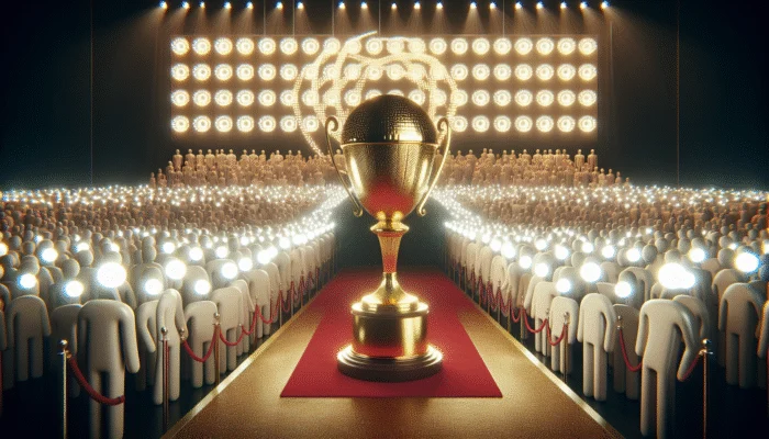 A golden trophy on a red carpet with cameras and crowd, brand logo banner in background.