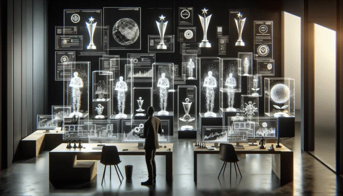 A researcher analyzing prestigious industry awards, focusing on technology innovation in AI and user experience.