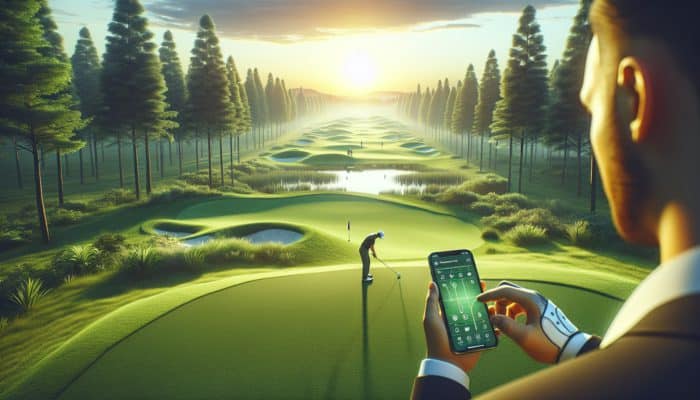 Golfer using smartphone app on a serene sunset golf course to analyze swing data.