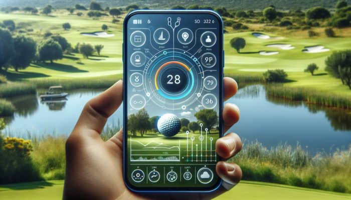 A sleek golf app interface on a smartphone with clear graphics and touch controls, set against a South African golf course.