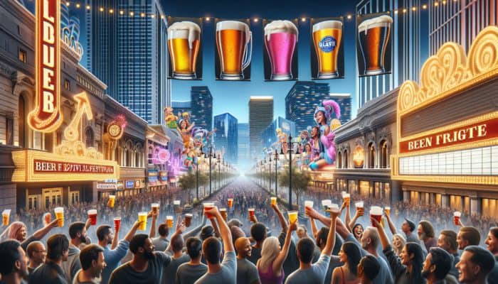 People toasting with colorful craft beers at a vibrant Las Vegas street festival during Beer Week.