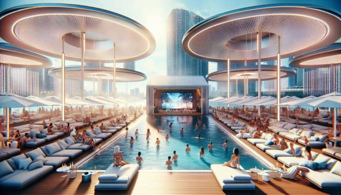 Luxurious pool party with stylish cabanas, lounge chairs, TVs, and bottle service amidst vibrant, exclusive atmosphere.