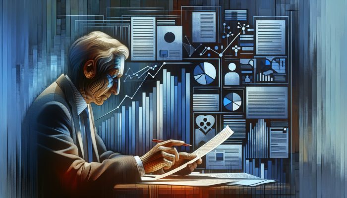 A retiree analysing financial documents and credit reports, focused on maintaining a high credit score for debt consolidation loan eligibility.