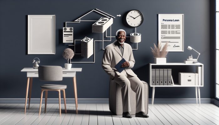 Elderly retiree confidently consolidates debts with personal loan in orderly home office.