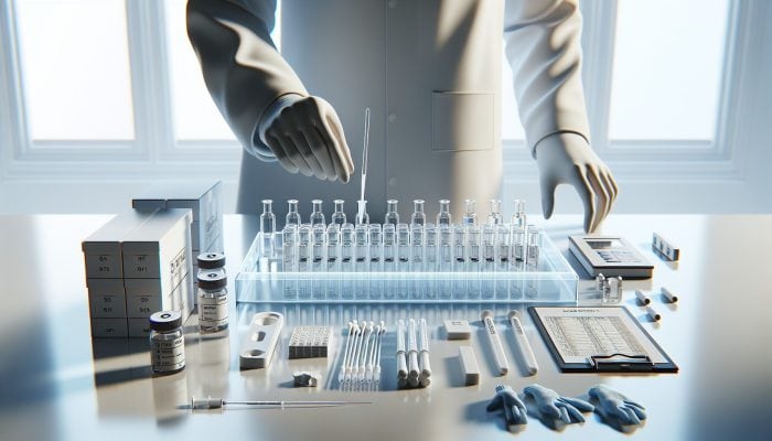 Person preparing ferritin test kit on a medical tray in a sterile environment.
