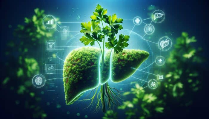 A glowing green parsley plant, symbolizing liver function enhancement and detoxification.