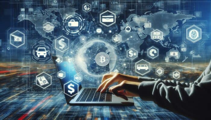 Person using laptop to rent car online, various payment options shown, global map background.