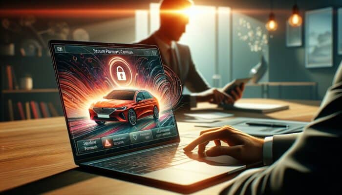 A person finalizes a car rental booking on a laptop, choosing a red car on a website, in a modern room.