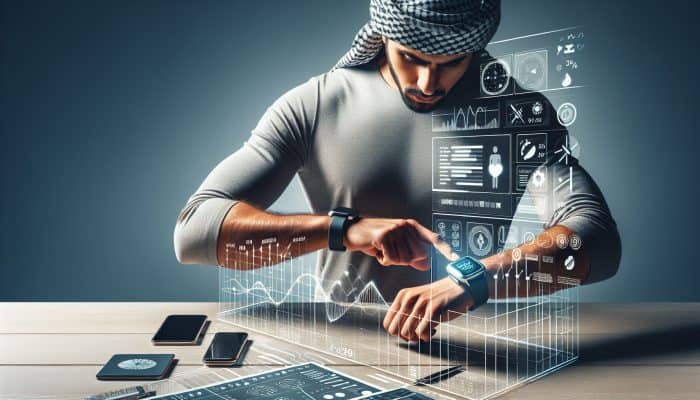 A man using a smartphone app and smartwatch to track nutrition on a tech-filled desk.