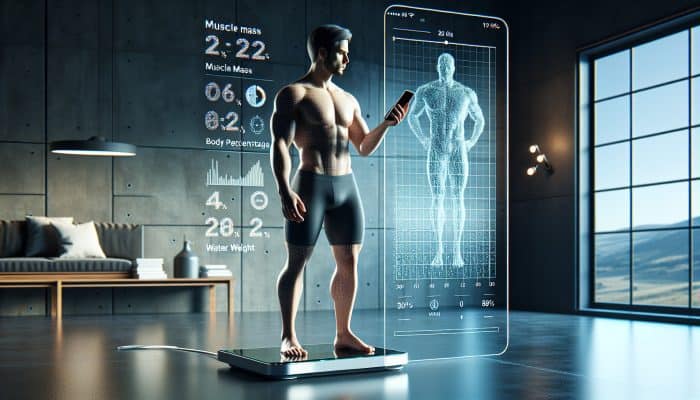 A man using a smart scale to check body composition metrics on his smartphone in a modern home.