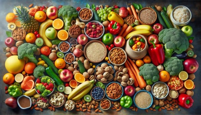 A vibrant table of fruits, vegetables, nuts, and whole grains, symbolising a balanced diet for longevity and mental wellness in the UK.
