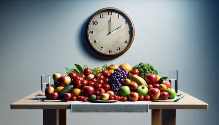 A serene table with fresh fruits and vegetables, a clock symbolising regular meal times for health and wellness.