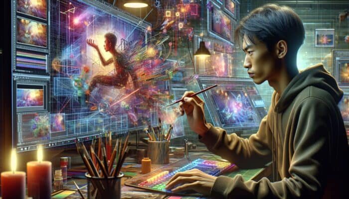 A digital artist designs a YouTube thumbnail, balancing vibrant colours and honesty to foster trust and engagement.