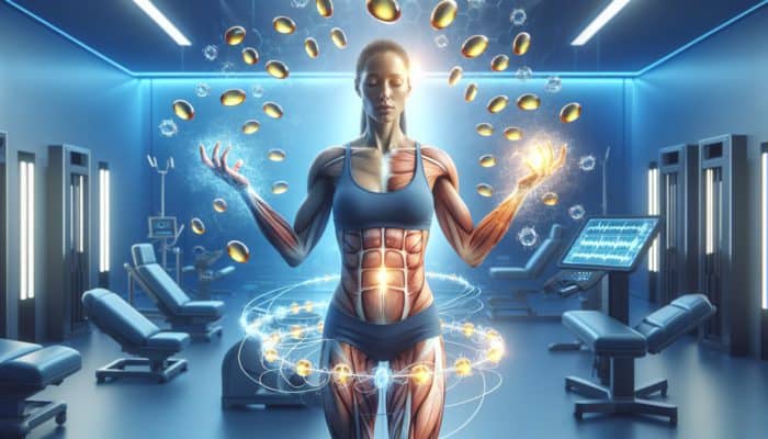Athlete with glowing muscles recovering in a high-tech room with omega-3 molecules swirling around.