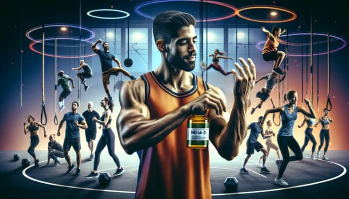 Athlete applying omega-3 oil, ready for intense training in a vibrant gym.