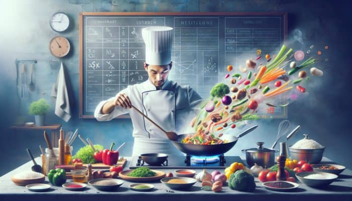 Chef stir-frying colorful vegetables and meat in a wok, steam rising, in a vibrant kitchen.