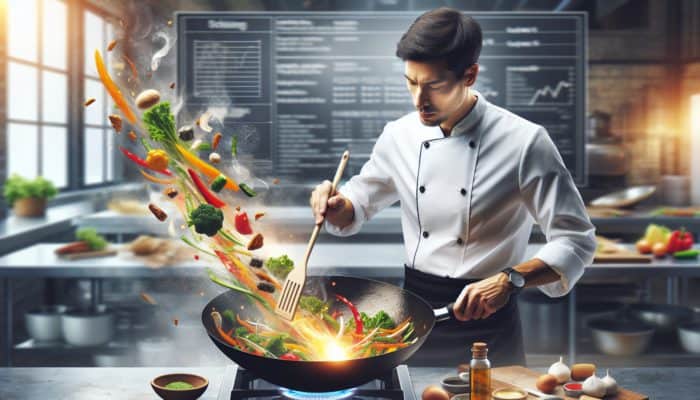 A chef stir-frying vegetables in a wok with a spatula, achieving even cooking and caramelization.